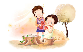 Flowers, Miscellanea, Miscellaneous, Wood, Tree, Drawing, , Girl, Foliage, Positive, Glade, Polyana, Wind, Tea Drinking, Tea Party, Boy, Childhood HD wallpaper