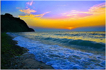 Sunset and surf, shore, golden sky, water, sunset, evening, surf, ocean HD wallpaper