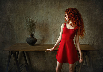 Red Head Girl Wavy Hair, red-dress, girls, model HD wallpaper