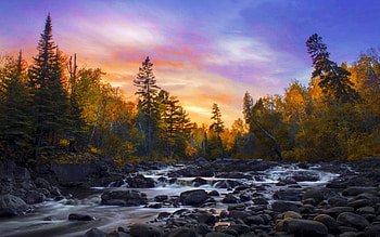 Autumn River at Tettegouche State Park, Minnesota, clouds, colors, cascades, USA, sky, rocks, sunset, stones HD wallpaper
