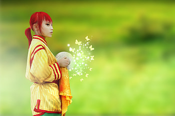 alone, other, girl, grass, anime, butterfly, green, red, nature, flowers, hair HD wallpaper
