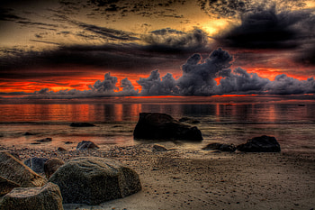 Nature, Sunset, Clouds, Beach, Colors, Color, Paints, Boulders, Heavy HD wallpaper