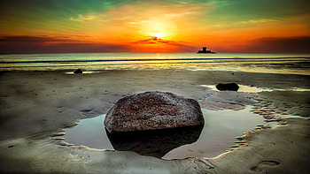 Beach Stone Rock Seashore Clouds Sunet, nature, beach, stone, rock, clouds, sunset, dusk, dawn HD wallpaper