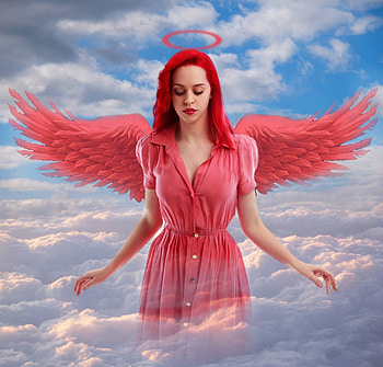 RED ANGEL, SKY, CLOUDS, WINGS, HALO, FEMALE, ANGEL, RED HD wallpaper