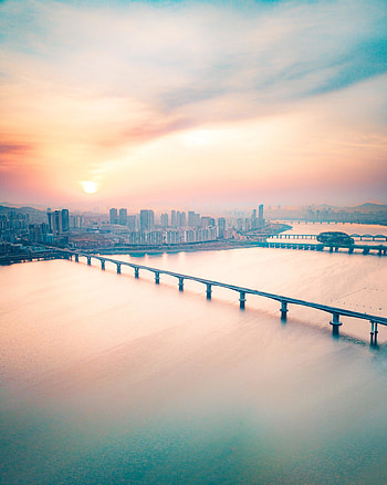 Bridge of city, cityscape, sunset HD phone wallpaper