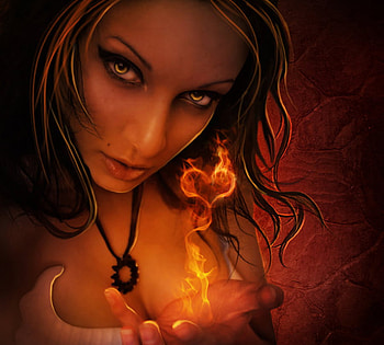 Heart in flames, heart, fantasy, flames, woman HD wallpaper