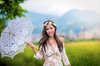 ღ, Woman, Wreath, Umbrella, Cutie HD wallpaper