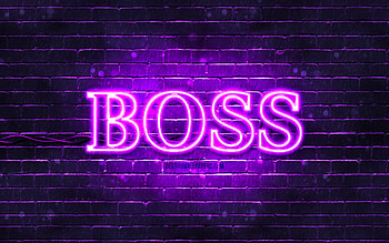 Hugo Boss violet logo, , violet brickwall, Hugo Boss logo, fashion brands, Hugo Boss neon logo, Hugo Boss HD wallpaper