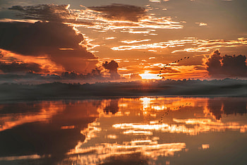 Exotic and beautiful, sunset, lake, reflections, clouds, birds HD wallpaper