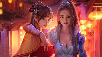 Fantasy girls, frumusete, pink, asian, yellow, couple, luminos, girl, orange, fantasy HD wallpaper