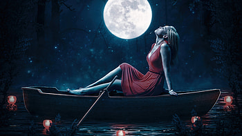 Girl Relaxing Red Dress Boat Moon , red-dress, girls, moon, artist, artwork, digital-art, deviantart HD wallpaper