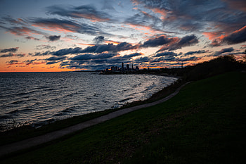 Nature, Water, Sunset, City, Coast HD wallpaper