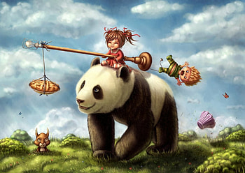 Panda Ride, animal, cute, 3d, bear, cg, adorable, male, cloud, female, girl, gras, adore, kawaii, anime girl, boy, anime, field, sky, realistic, panda HD wallpaper
