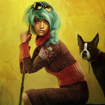 Teal Hair, dog, teal, girl, beauty, fantasy, cg, pretty, face, pet, friend, hair, eye, female HD wallpaper