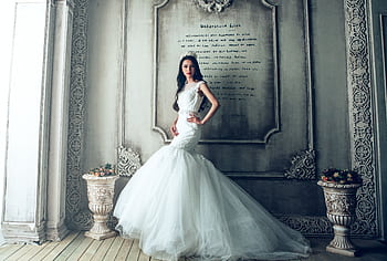 Stunning bride in elegant wedding dress posing in ornate, vintage interior. HD wallpaper
