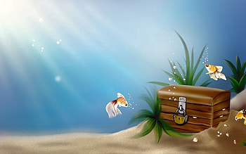 Art, Sea, Bubbles, Fishes, Gold, Lock, Golden, Fish, Treasure, Under Water, Underwater, Chest HD wallpaper