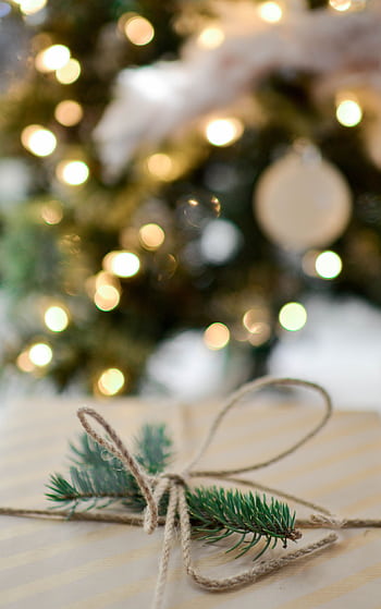 Close-up of a gift box with twine and evergreen decoration in front of a bokeh-lit Christmas tree. HD phone wallpaper