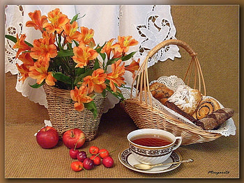Still life, colorful, graphy, tea, vase, cup, basket, croissants, fruit, nature, flowers, joyful HD wallpaper