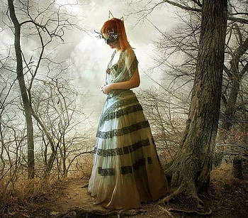 Girl with mask, fog, beautyfull, pretty, forest, woman, dark HD wallpaper