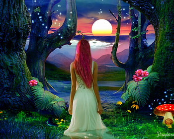 Fantasy Land, fantasy, art, trees, woman, sunset HD wallpaper