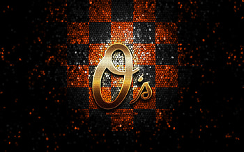 Baltimore Orioles emblem, glitter logo, MLB, orange black checkered background, american baseball team, Major League Baseball, mosaic art, baseball, Baltimore Orioles HD wallpaper