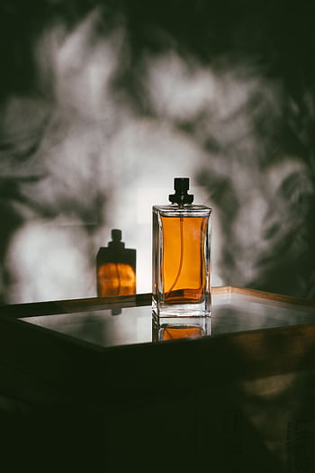 A stylish perfume bottle casting shadows on a reflective surface, creating a moody ambiance. HD phone wallpaper