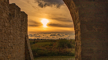 Sunset from old walls, clouds, sky, sun, castle, trees HD wallpaper