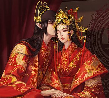 Wedding, xiaofan zhang, asian, fantasy, red, man, girl, lovers, art HD wallpaper