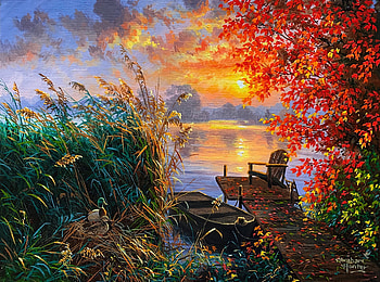 Lakeside rest, reflection, art, painting, pier, autumn, lake, sunset, fall, beautiful, rest HD wallpaper