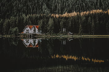 Scenic view of a house by the lake in a forest with perfect reflection. HD wallpaper