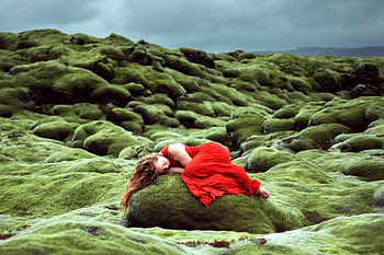 Model Posing on a Rock, outdoors, model, red, redhead, dress, rock HD wallpaper