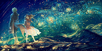 Starry night, night, art, man, stars, girl, fantasy, yuumei, couple, sky, wenqing yan HD wallpaper