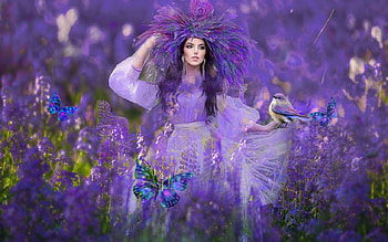 Purple Flowers, green, purple, butterflies, black, bird, beautiful, girl HD wallpaper