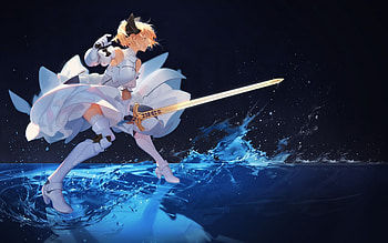 Saber, black, cute, dress, beauty, lady, blonde hair, water, female, white, art, sword, bleu, girl, beautiful, woman, anime girl, anime, pretty, weapon, lovely HD wallpaper
