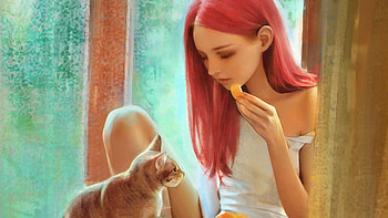 Pink Hair Girl With Cat, cat, artist, artwork, digital-art, artstation HD wallpaper