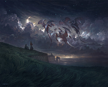 Dragons dance, night, fantasy, art, dance, moon, justin gerard, dragon, dark HD wallpaper