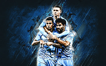 Manchester City FC, Joao Cancelo, Phil Foden, Ilkay Gundogan, football players, Premier League, England, football, blue stone background, grunge art HD wallpaper