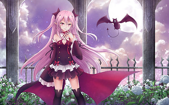 Kururu, night, bat, long hair, dress, beauty, lady, moon, cape, female, art, girl, beautiful, vampire, woman, purple, anime girl, pink, anime, pretty, red, clouds, sky, flowers, hair HD wallpaper