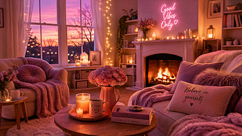 Warm & Cozy : Sunset Fireplace, Warm And Cozy, Living Room, Neon Sign, Candle HD wallpaper