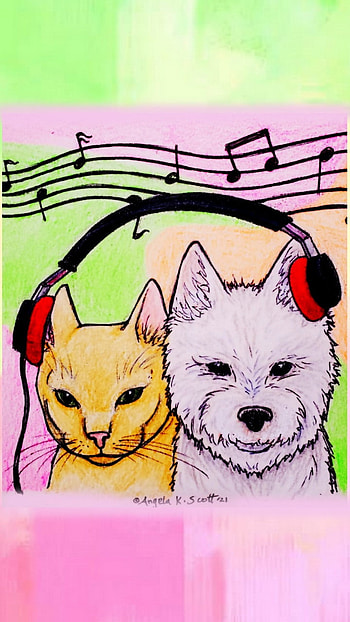 Music Cat and Dog art, pets, i love music, light, share the sound, heads, music unites, musical notes, friends, funny, together HD phone wallpaper