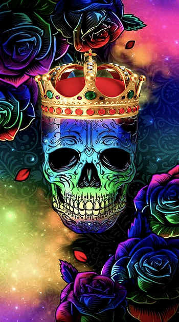 Colorful Skull, rainbow, skeleton, flowers, tattoo, king, queen, tiara, roses, crown HD phone wallpaper