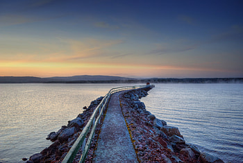 Bridge, body of water, sky, sunset, road HD wallpaper
