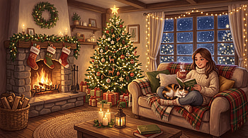 Cozy Christmas Fireside | Holiday Hearth | Fireside Reading Night (), Christmas Tree, Fireplace, Living Room, Woman, Cat HD wallpaper