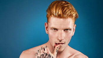 Jake Hold, blue, model, man, tattoo, face, redhead, blye HD wallpaper