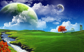 Landscape, Grass, Background, Sky, Planets, Clouds, Moon HD wallpaper