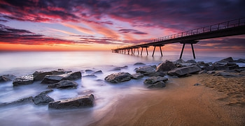 Pier, water, ocean, sunset HD wallpaper
