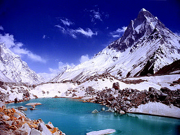 Lake in winter, blue, sunny, snowy, cold, beautiful, mountain, lake, day, winter day, snow, nature, sky HD wallpaper