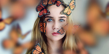 Butterflies on her face and hair, Model, , girl, women HD wallpaper