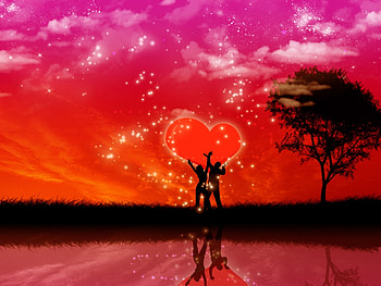 Reaching For Our Love, pink, red, clouds, vector, sky, stars, lovers, tree HD wallpaper