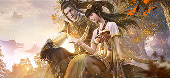 Fantasy couple, golden, fantasy, man, yellow, autumn, liu tao, leaf, liutao, girl HD wallpaper
